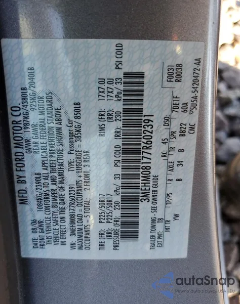 2007 Mercury Milan Premier из США, поврежденный, VIN 3MEHM08177R602391